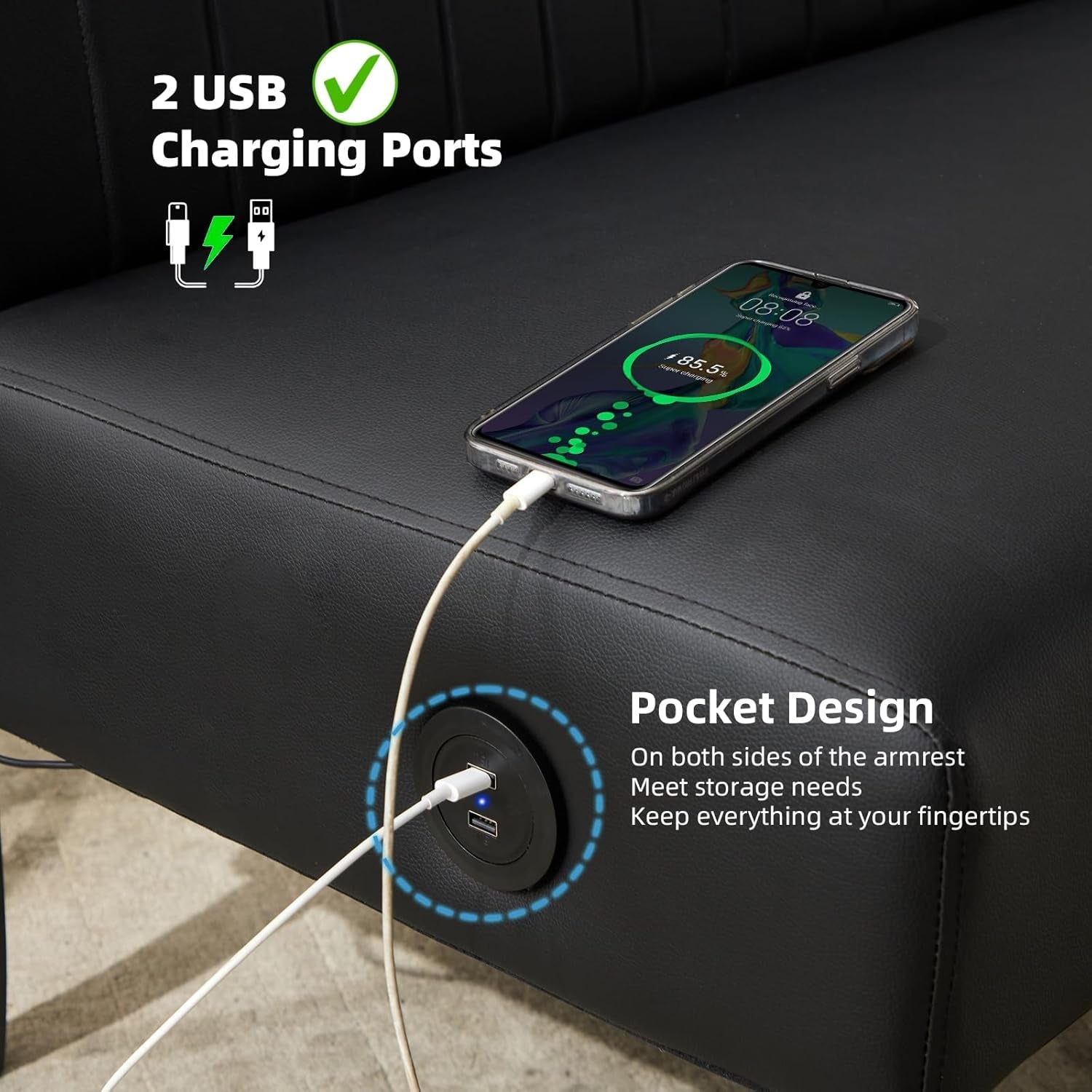 Mini Black Leather Loveseat Sofa with USB Ports-2