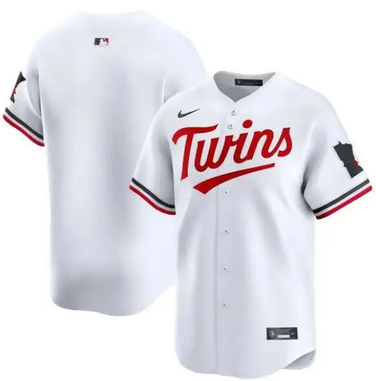 White Minnesota Twins Nike Home Limited Baseball Jersey displayed for sale