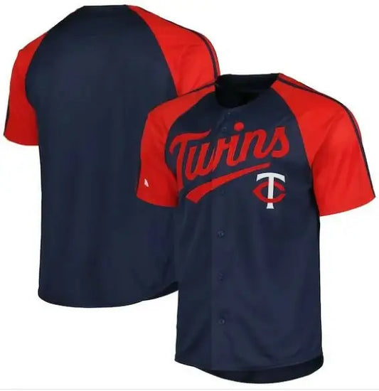 Minnesota Twins navy team raglan sleeve baseball jersey displayed in product image