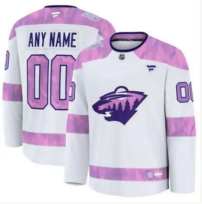 White and purple Minnesota Wild Hockey Fights Cancer practice jersey displayed in product image