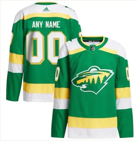 Green, yellow, and white Minnesota Wild hockey jersey from the 2023/24 Primegreen Authentic collection