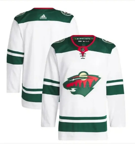 White and green Minnesota Wild adidas Away Primegreen Authentic hockey jersey with team logo