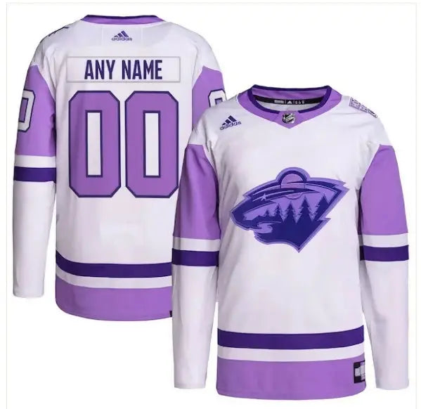 White and purple Minnesota Wild hockey jersey with team logo and customizable name and number