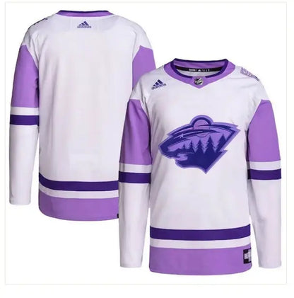 White and purple Minnesota Wild hockey practice jersey with wildcat logo and adidas branding