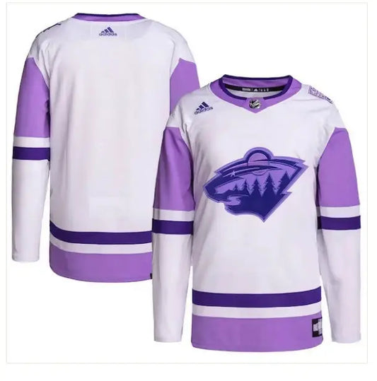 White and purple Minnesota Wild hockey practice jersey with wildcat logo and adidas branding