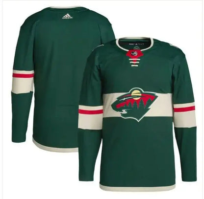 Green and cream Minnesota Wild adidas home Primegreen authentic hockey jersey with animal logo