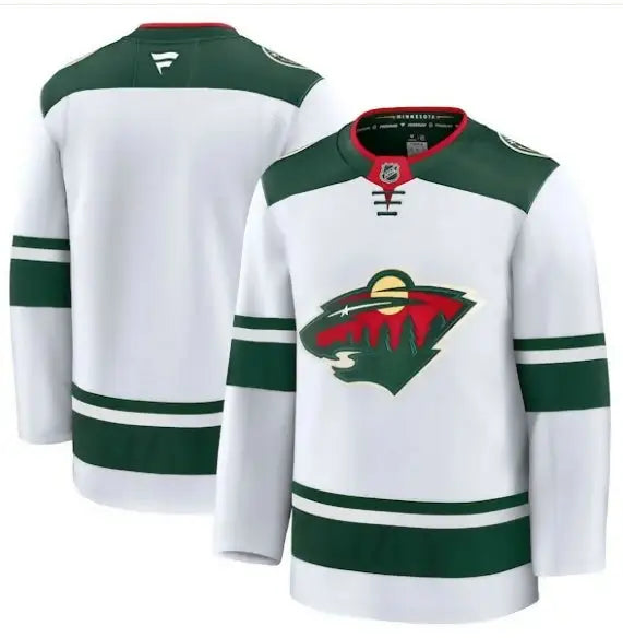 White and green Minnesota Wild away premium hockey jersey with team logo