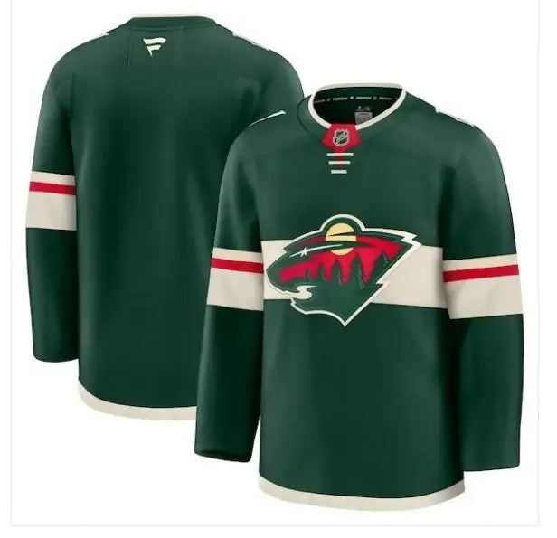 Dark green Minnesota Wild home premium hockey jersey with cream and red striped accents