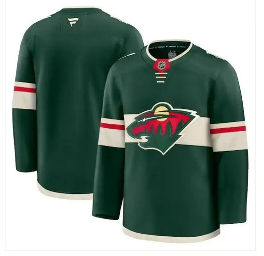 Dark green Minnesota Wild home premium hockey jersey with cream and red striped accents