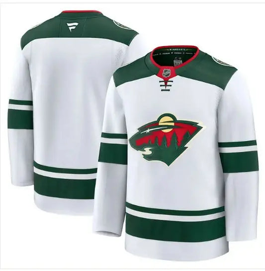 White Minnesota Wild hockey jersey with green shoulders, striped sleeves, and team logo