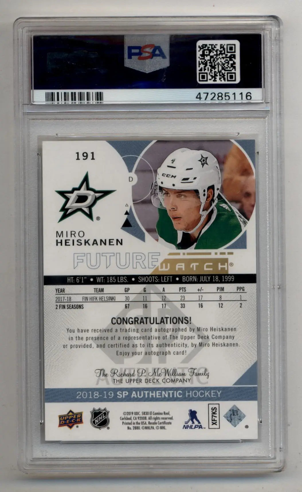 Miro Heiskanen 2018-19 SP Authentic Auto Inscription 002/999 PSA 10 Gem Mint - Singles