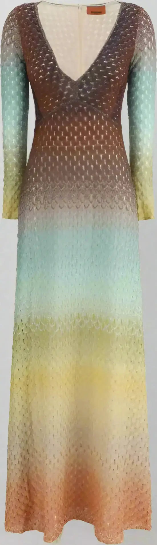 MISSONI multicolor lurex long dress with ombre pattern, V-neck, long-sleeved maxi style