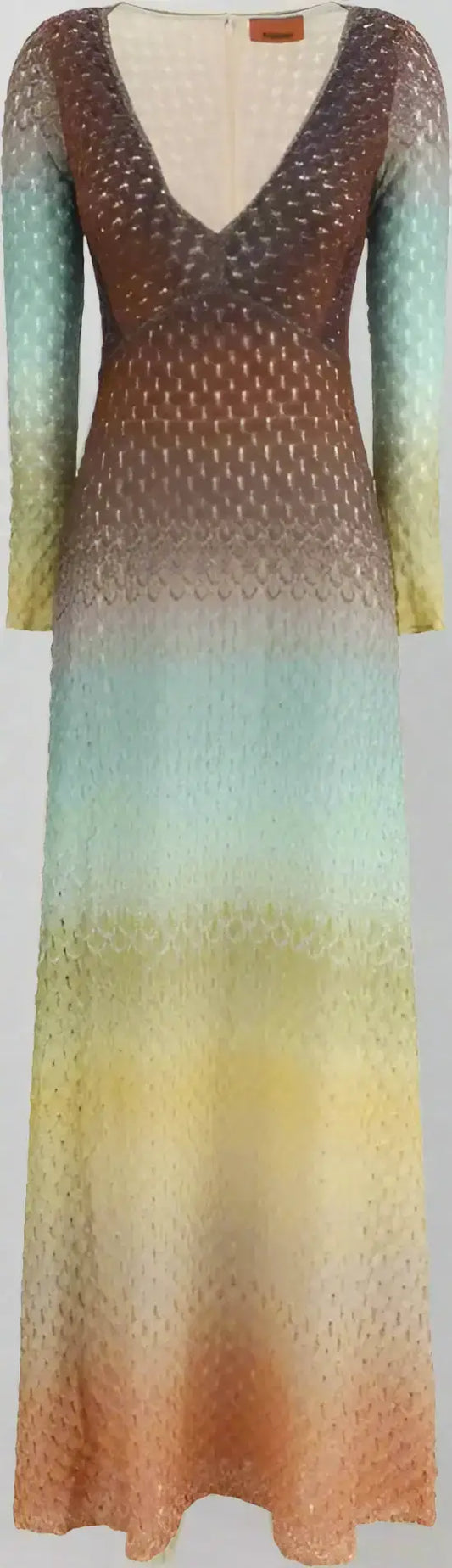 MISSONI multicolor lurex long dress with ombre pattern, V-neck, long-sleeved maxi style