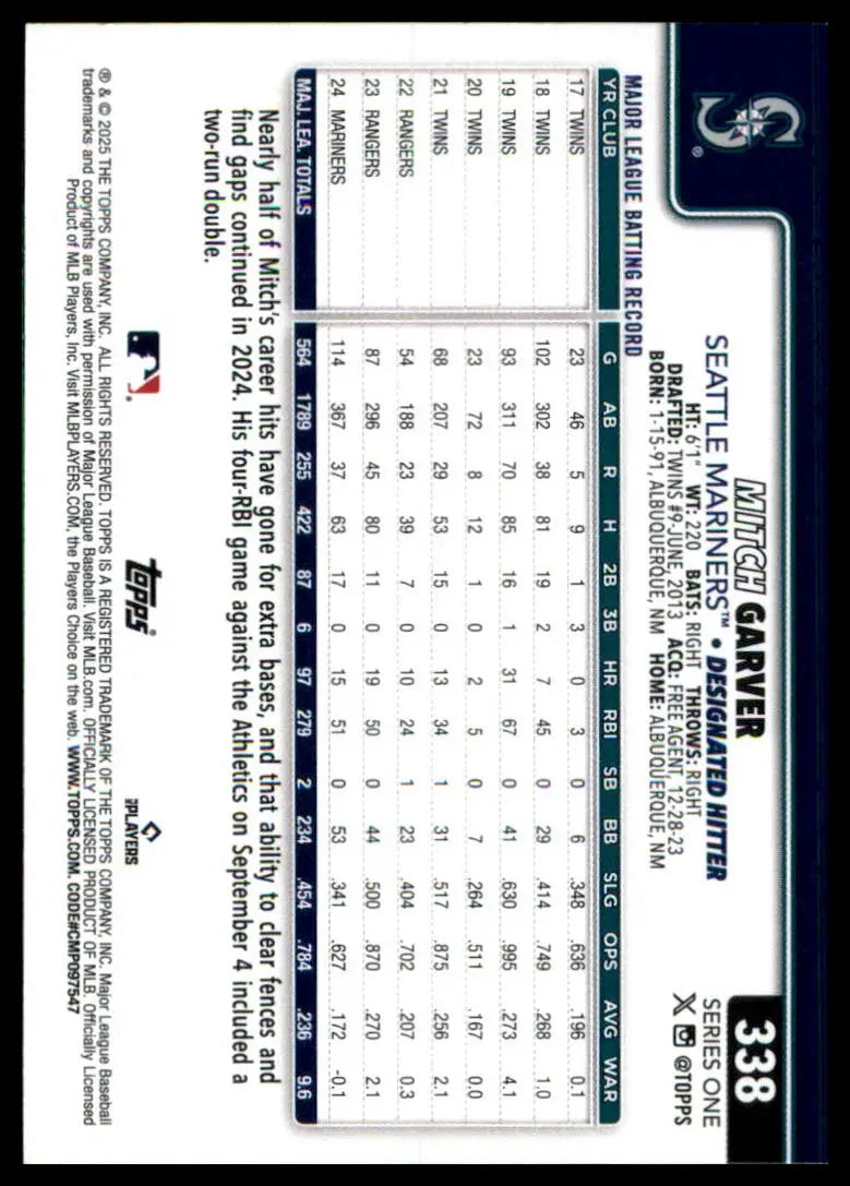 Mitch Garver baseball card from 2025 Topps #338 Seattle Mariners collection