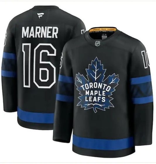 Black Toronto Maple Leafs Mitch Marner jersey with blue stripes and 16 on the back