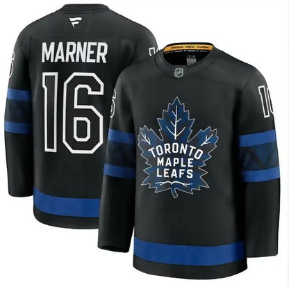 Black Toronto Maple Leafs Mitch Marner jersey with blue stripes and #16 on the back