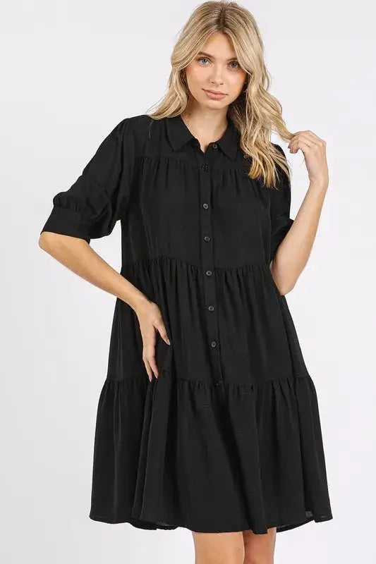 Mittoshop Button Detail Collared Neck Tiered Shirt Dress - Black / S