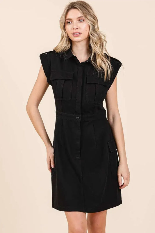 Mittoshop Cargo Pocket Half Button Mini Dress - Black / S
