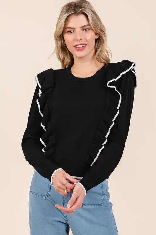 Mittoshop Contrast Trim Ruffled Round Neck Knit Top
