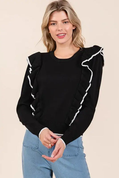 Mittoshop Contrast Trim Ruffled Round Neck Knit Top