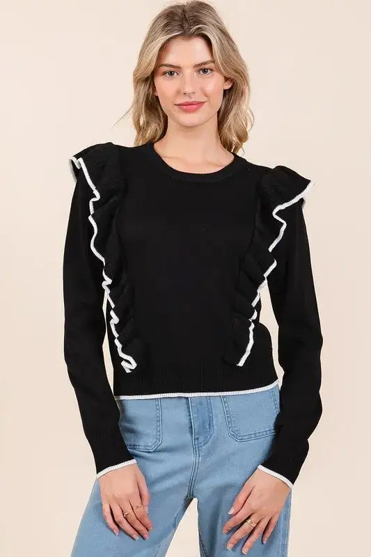Mittoshop Contrast Trim Ruffled Round Neck Knit Top - Black / S