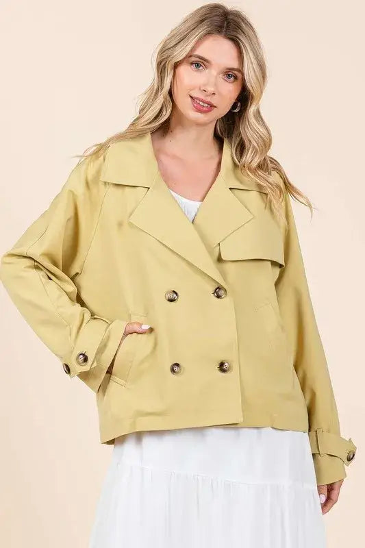 Mittoshop Double Breasted Long Sleeve Trench Coat Jacket - Yellow / S/M - Apparel & Accessories > Clothing > Outerwear
