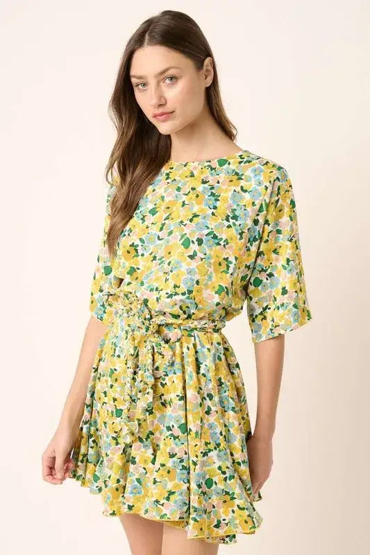 Mittoshop Floral Tie Waist Half Sleeve Mini Dress - Yellow Combo / S