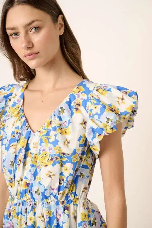 Mittoshop Floral V-Neck Cap Sleeve Mini Dress