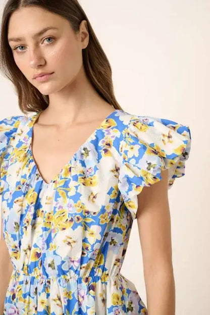 Mittoshop Floral V-Neck Cap Sleeve Mini Dress