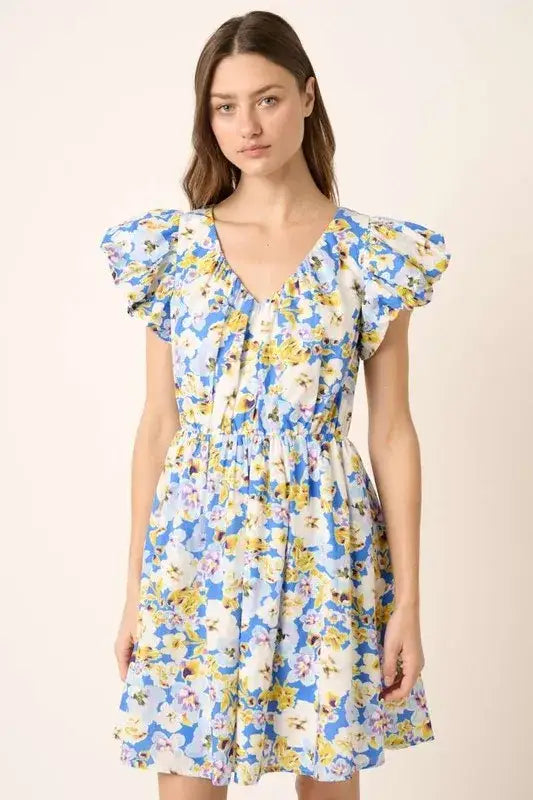 Mittoshop Floral V-Neck Cap Sleeve Mini Dress - Blue / S