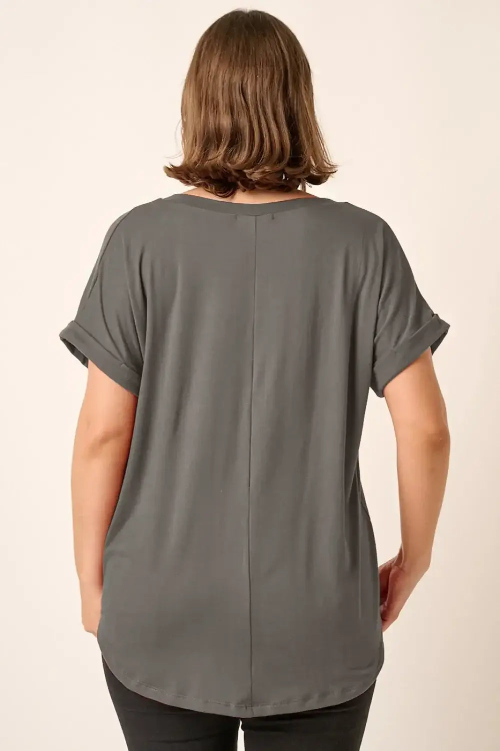 Charcoal gray Mittoshop rolled short sleeve V-neck blouse with a relaxed fit