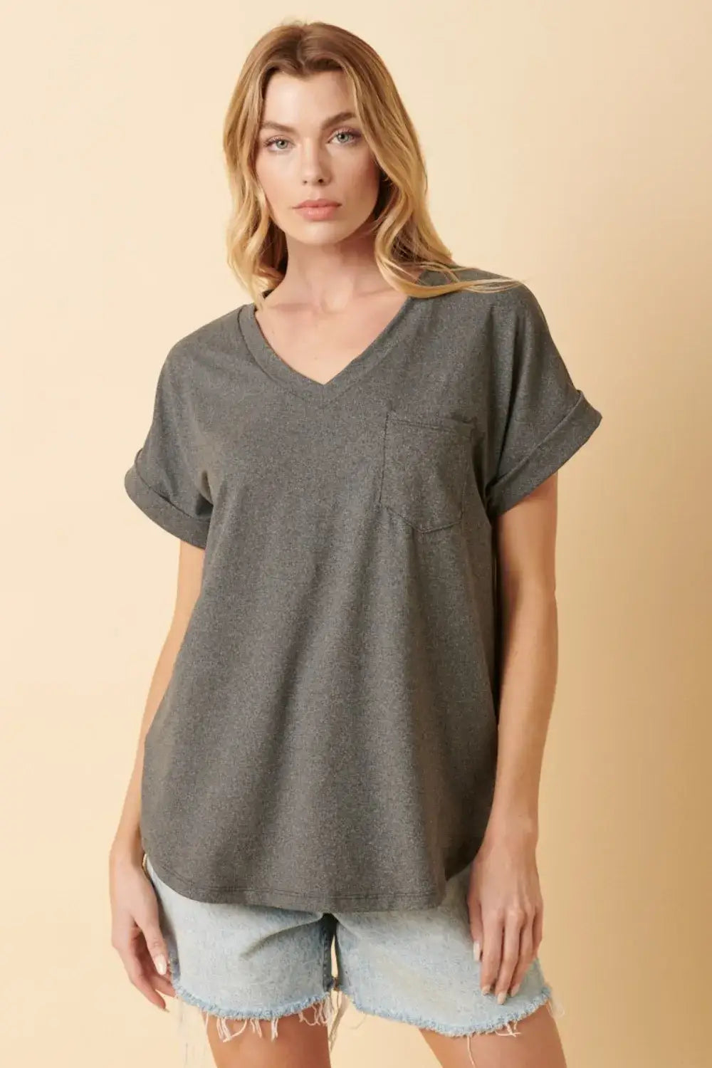 Olive green textured V-neck T-shirt with pocket and rolled short sleeves from Mittoshop