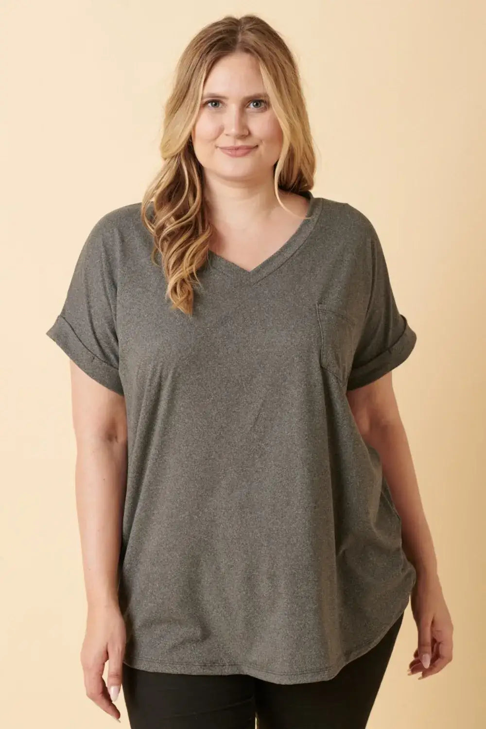 Olive green plus size V-neck rolled short sleeve T-shirt with relaxed fit