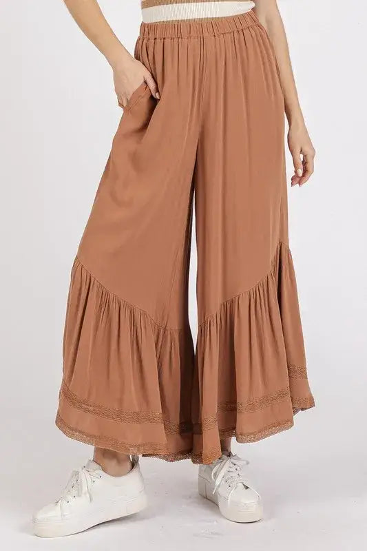 Mittoshop Lace Ruffle Asymmetric Hem Wide Leg Pants - Caramel / S