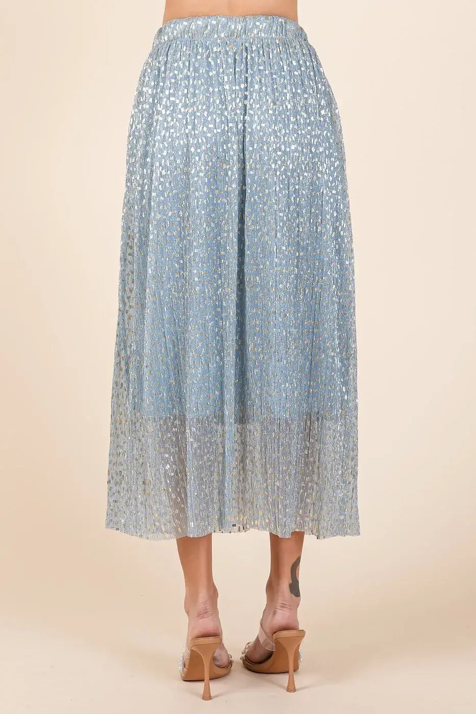 Blue metallic glitter speckle midi skirt with high waist and pleated bottom