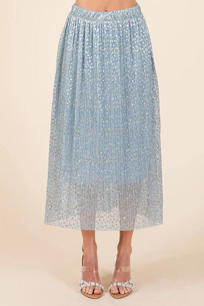 Light blue metallic glitter speckle midi skirt with elastic waistband and pearl sandals
