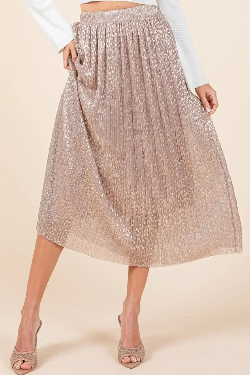 Gold metallic glitter speckle print midi skirt with elastic waistband and high slit