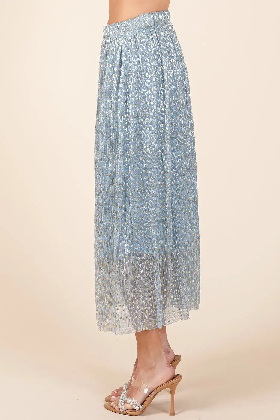 Light blue metallic glitter speckle midi skirt with high waist and pearl-embellished heels