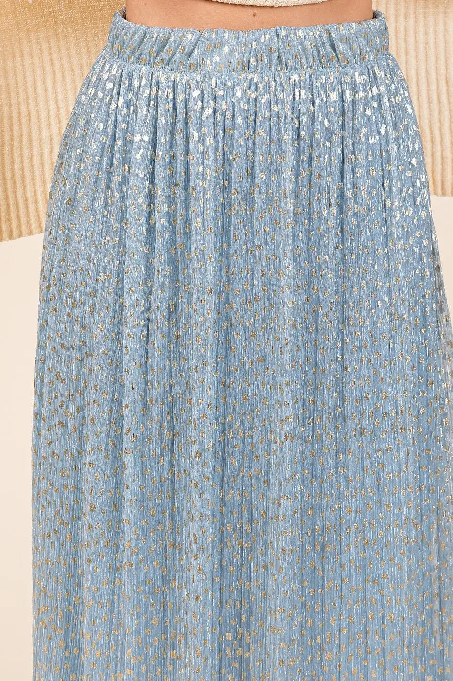 Light blue metallic glitter speckle midi skirt with gold accents from Mittoshop
