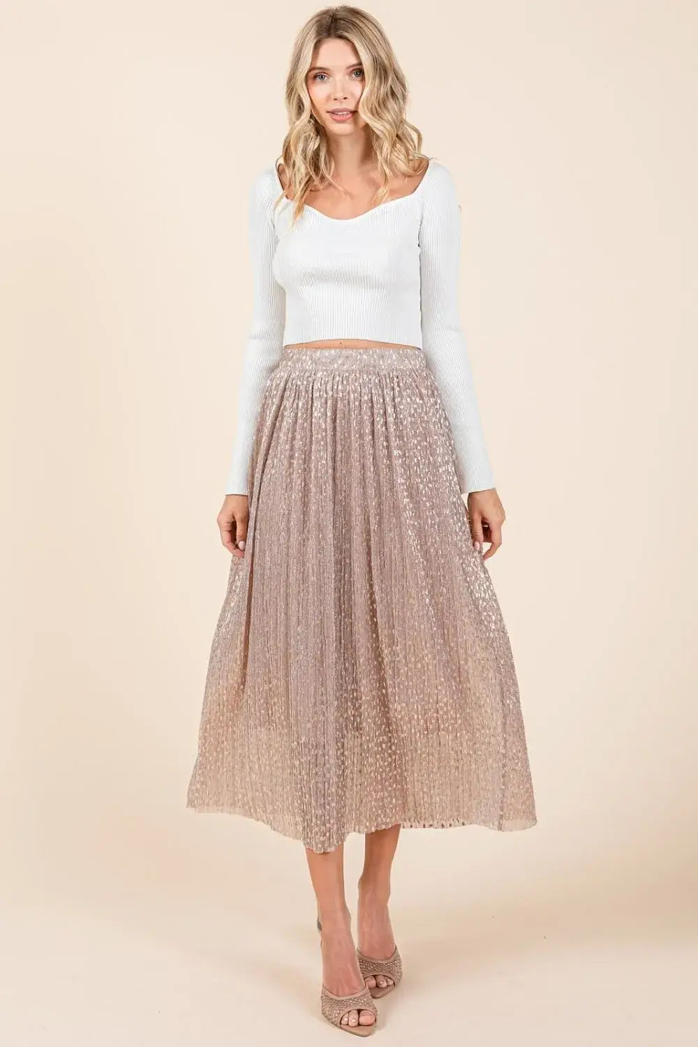 Rose gold metallic glitter speckle print midi skirt with lace and sheer overlay at Mittoshop