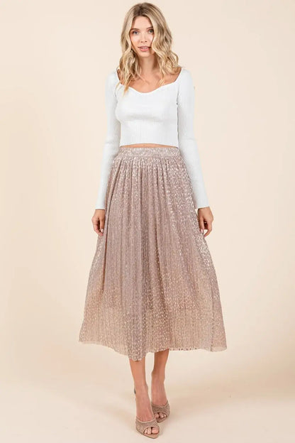 Rose gold metallic glitter speckle print midi skirt with lace and sheer overlay at Mittoshop