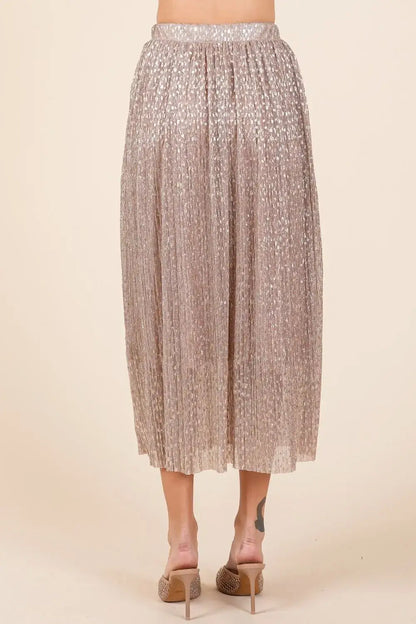 Silver metallic glitter speckle print midi skirt with high waistband and beige heels