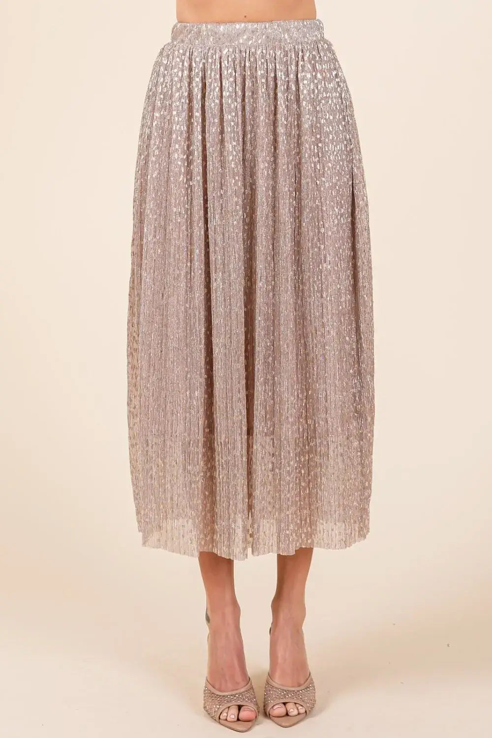 Silver metallic glitter speckle print elastic midi skirt with high waist and pleated design
