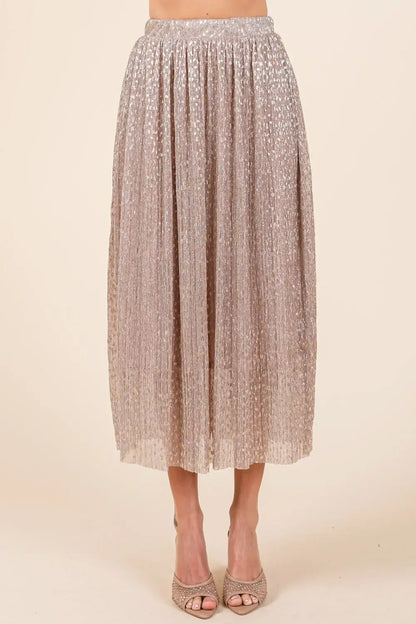 Silver metallic glitter speckle print elastic midi skirt with high waist and pleated design