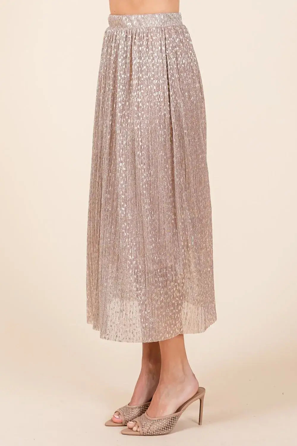 Silver metallic glitter speckle print pleated tulle midi skirt with high waistband