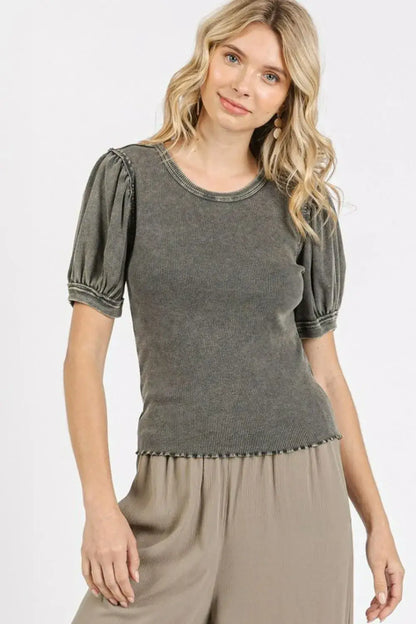 Charcoal gray mineral wash puff sleeve rib knit top with scalloped hem and contrast stitching