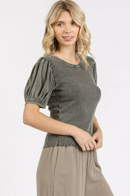 Olive green mineral wash puff sleeve rib knit top with distressed details and relaxed fit