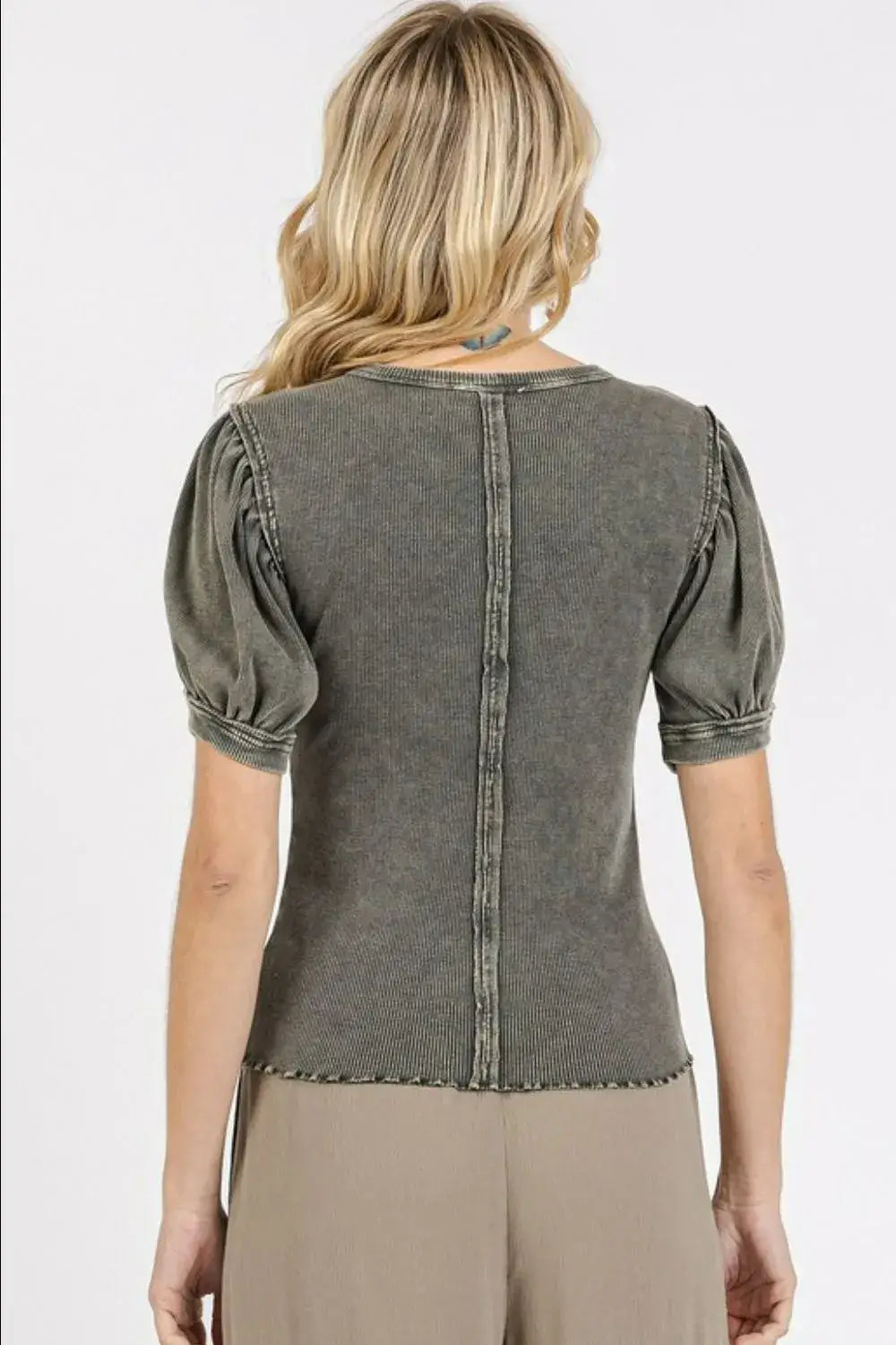 Olive green mineral wash puff sleeve rib knit top with button back and distressed hem