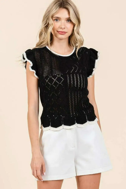 Mittoshop Openwork Contrast Trim Ruffled Cap Sleeve Knit Top