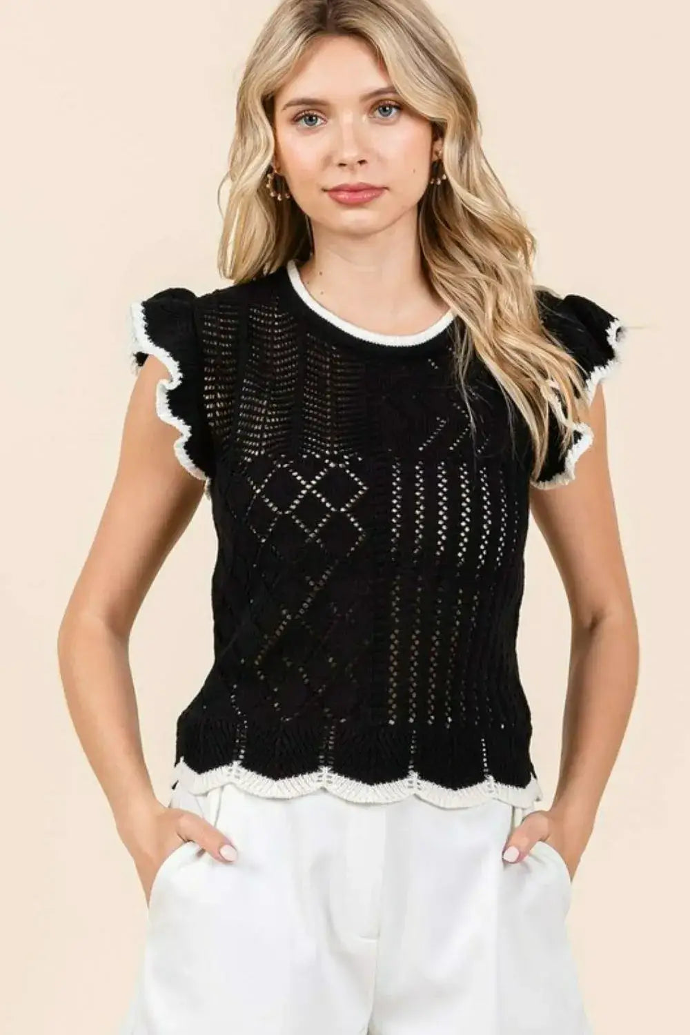 Mittoshop Openwork Contrast Trim Ruffled Cap Sleeve Knit Top - Black / S